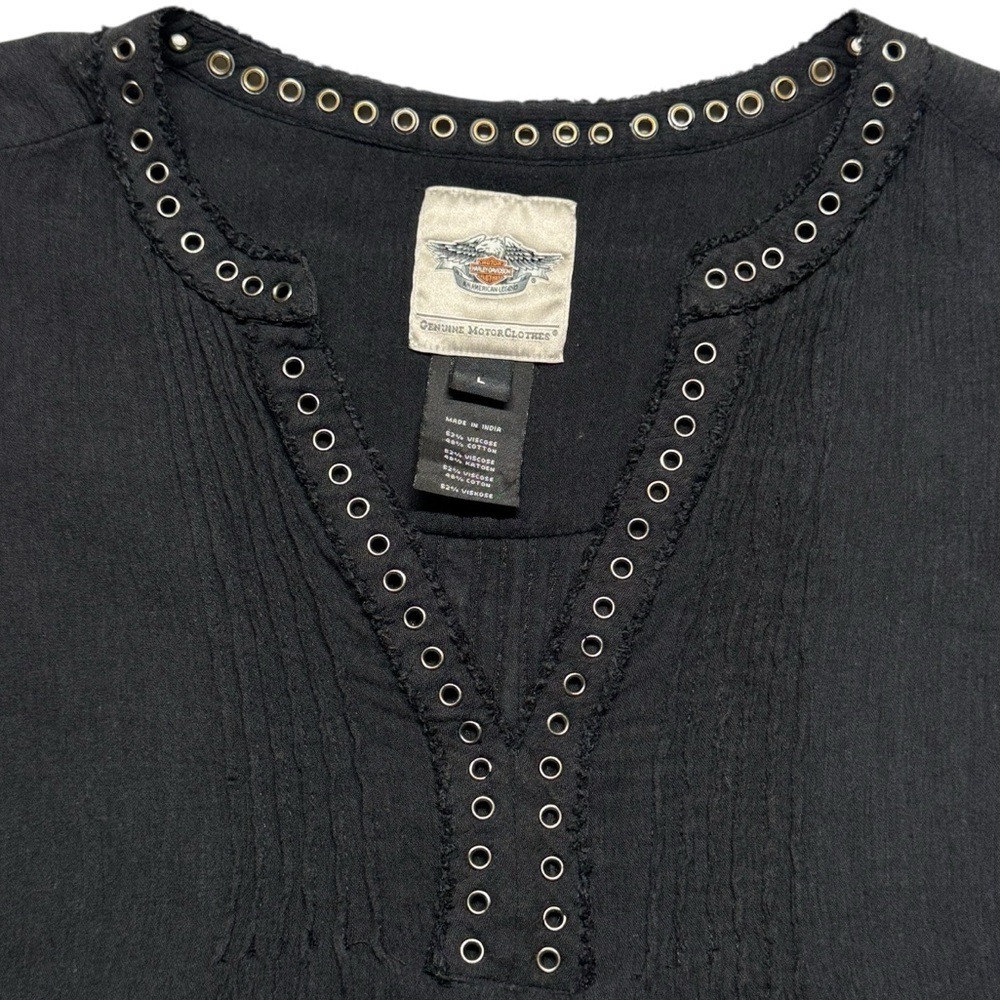 Harley Davidson Grommet Neckline Shirt Crepe Long Sleeve Womens Large Black - Picture 2 of 12